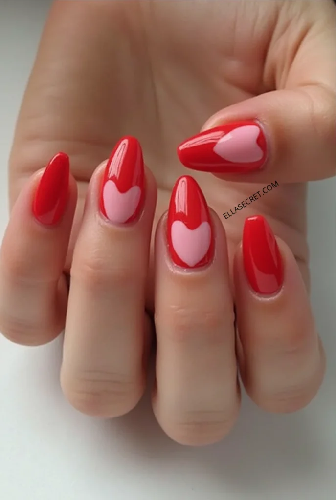 Romantic Valentines Day nails. Almond shape nails bright_red_nails_with_heart-shaped_cutouts