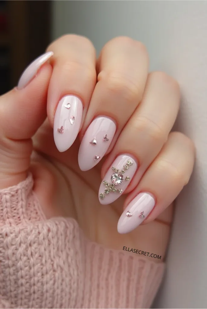 Romantic Valentines Day nails. Almond shape nails_decorated_with_tiny_gemstones