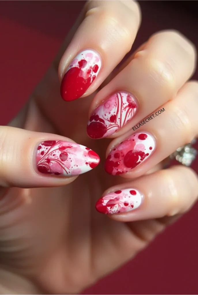 Romantic Valentines Day nails. Almond shape nails_featuring_abstract_swirls_dots_and_splashes_in_red