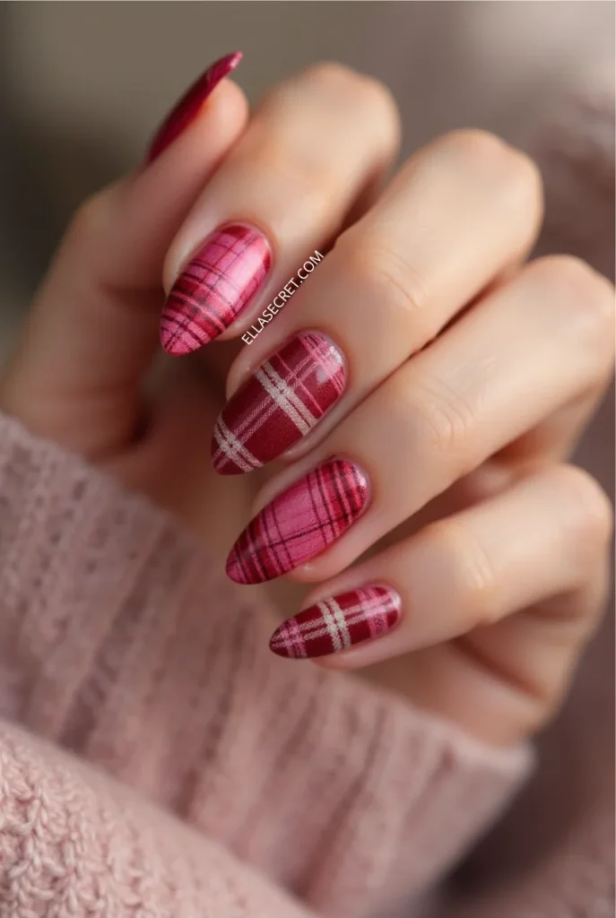 Romantic Valentines Day nails. Almond shape nails_with_cozy_plaid_patterns_in_red_pink_and_white