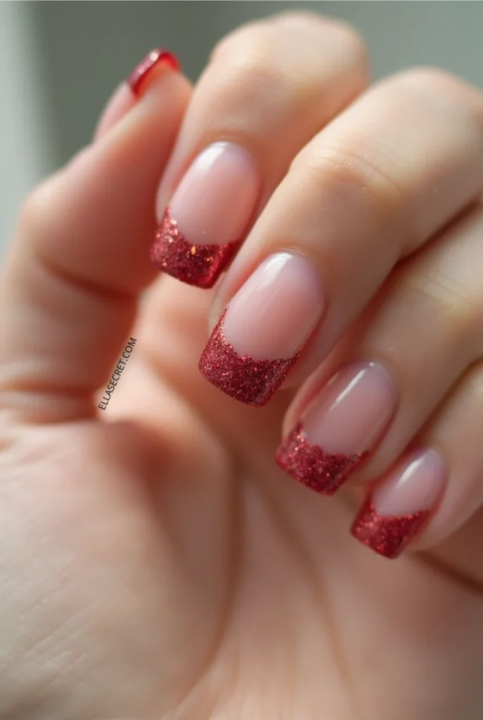 Valentine's Day nails. Classic French manicure with glittery red