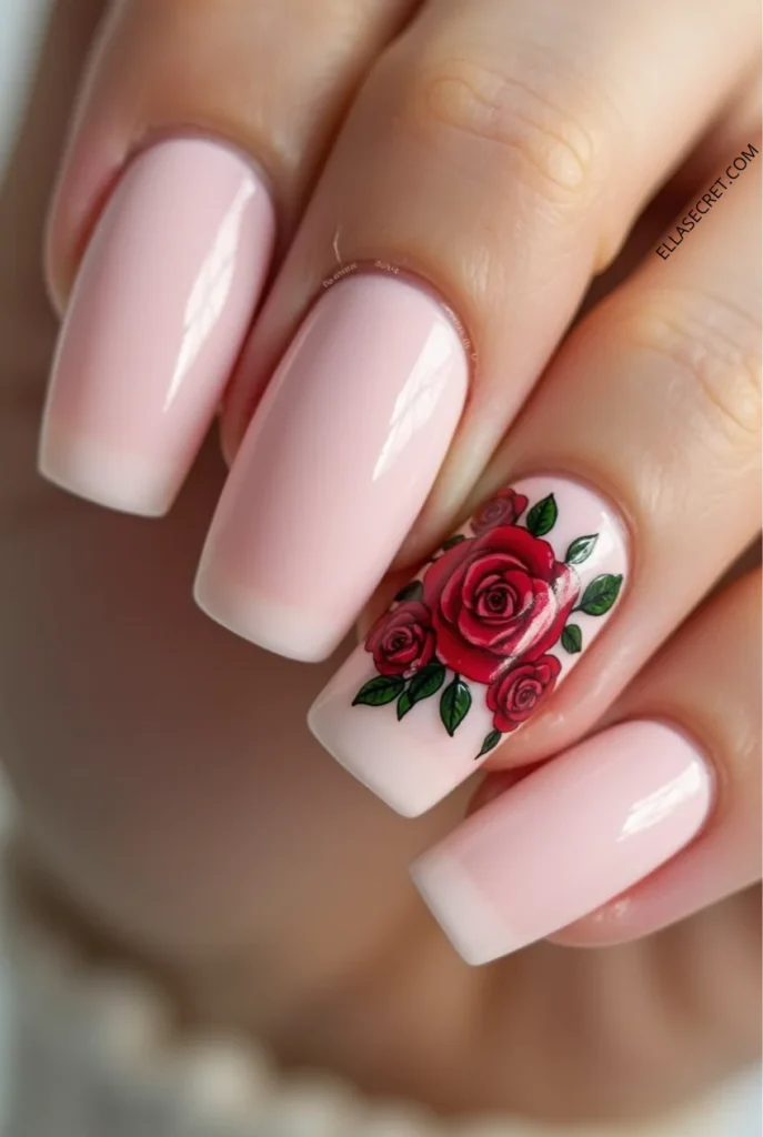 Romantic Valentine’s Day nails. Pale pink nails decorated with detailed red roses and green leaves. The rose designs are intricate, covering one accent nail