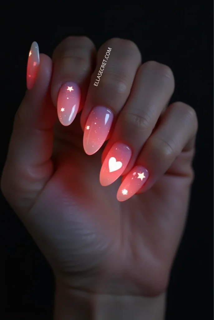 Romantic Valentines Day nails. almond_shape_glow-in-the-dark_nails_with_heart_and_star_accents