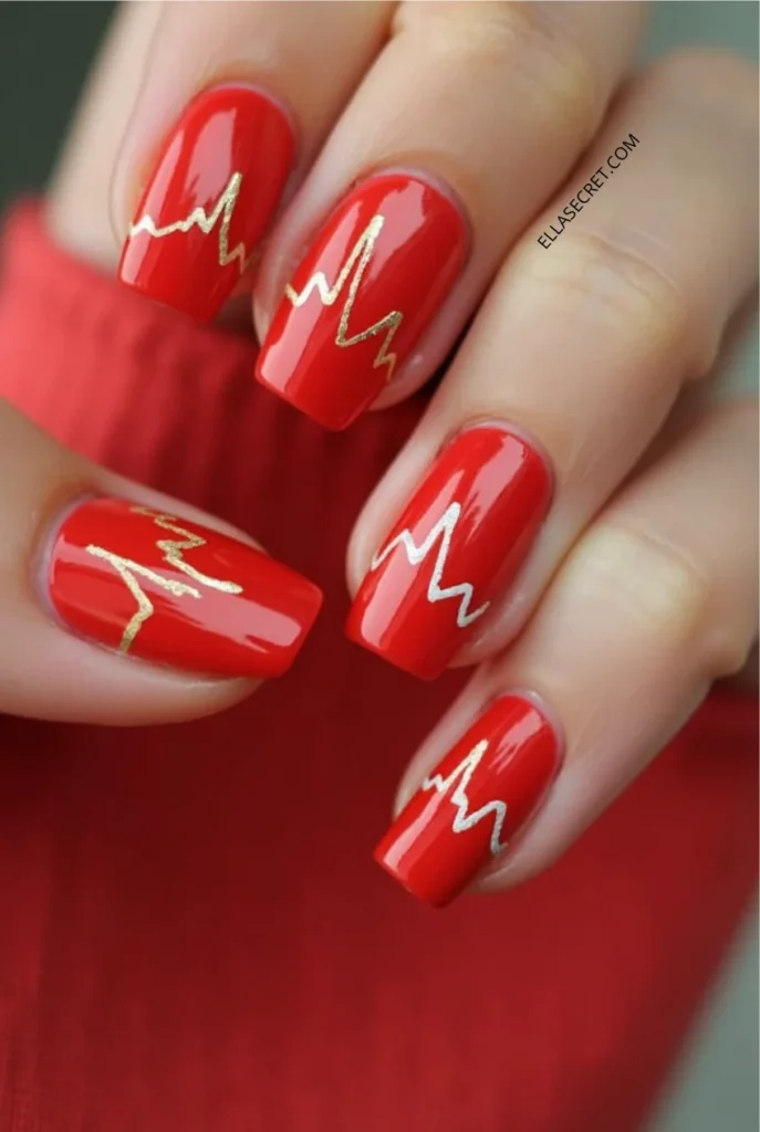 Romantic Valentines Day nails. bright_red_nails_featuring_gold_heartbeat