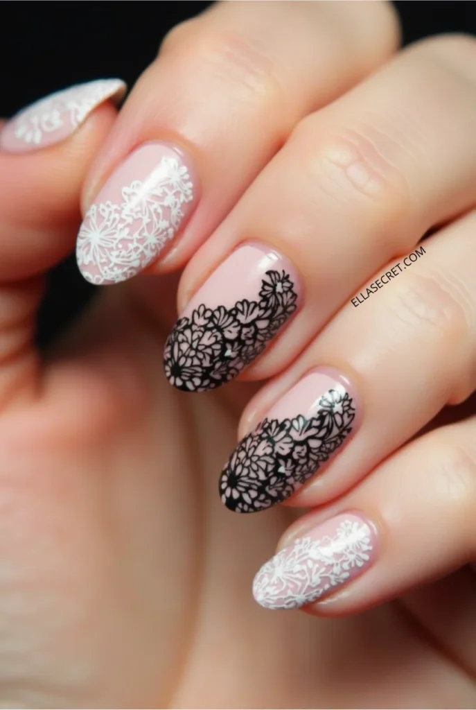 Romantic Valentines Day nails. delicate_lace_patterns_in_white_or_black_painted_over