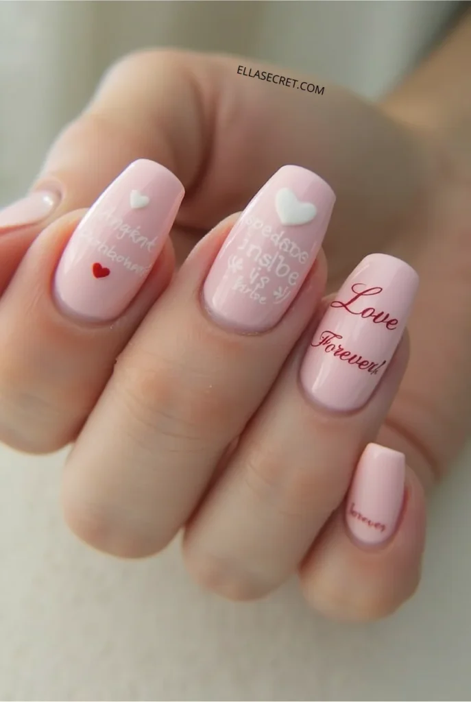 Romantic Valentines Day nails. pastel_pink_nails_with_tiny_love_notes_painted_in_cursive